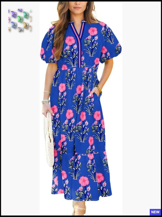 Dresses & Skirts - Puff Sleeve V Neck Maxi Dress Flowy High Waist Elegant Summer Casual Chic